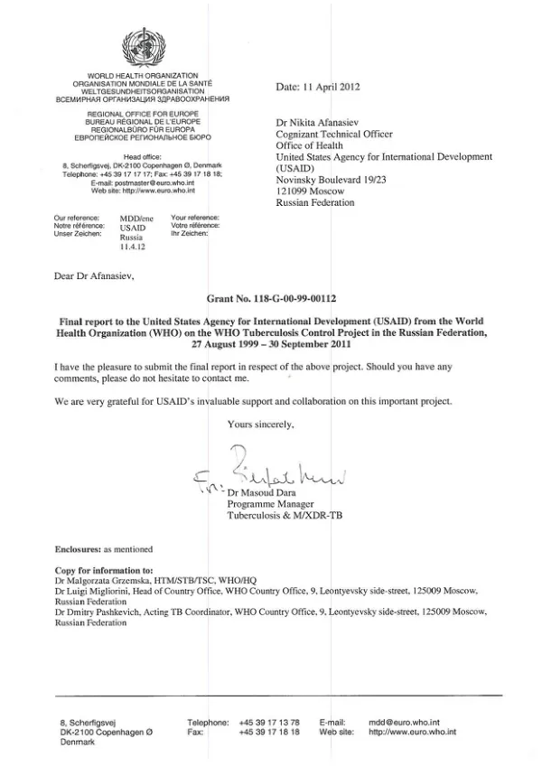 Final Report: WHO Tuberculosis Control Project in the Russian Federation
