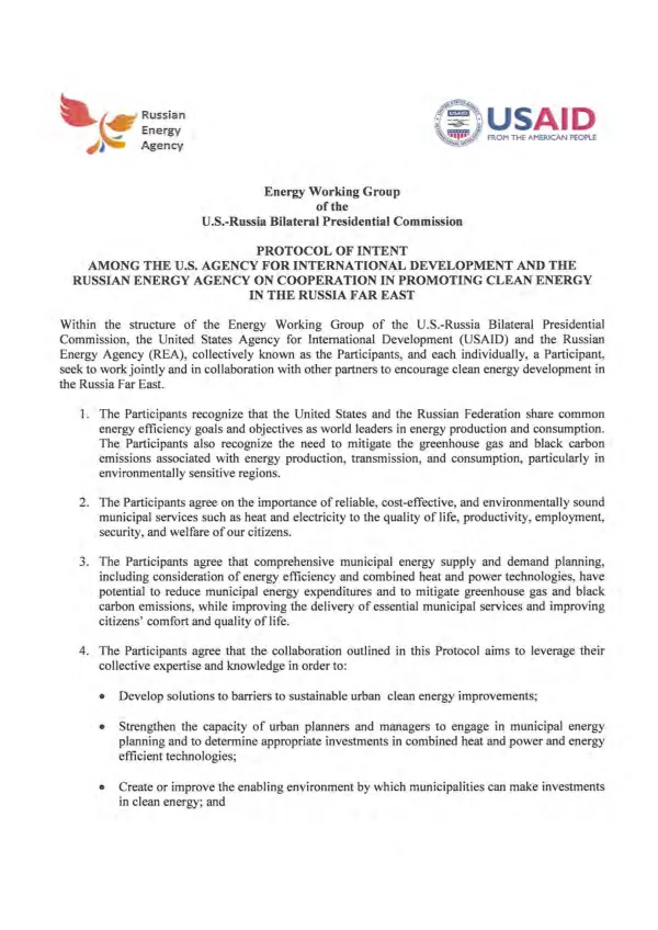 Protocol of Intent Among the U.S. Agency for International Development and the Russian Energy Agency on Cooperation in Promoting Clean Energy in the Russia Far East