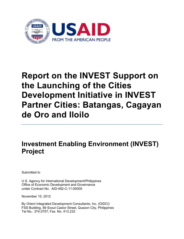 Report on the INVEST Support on the Launching of the Cities Development Initiative in INVEST Partner Cities: Batangas, Cagayan de Oro and Iloilo