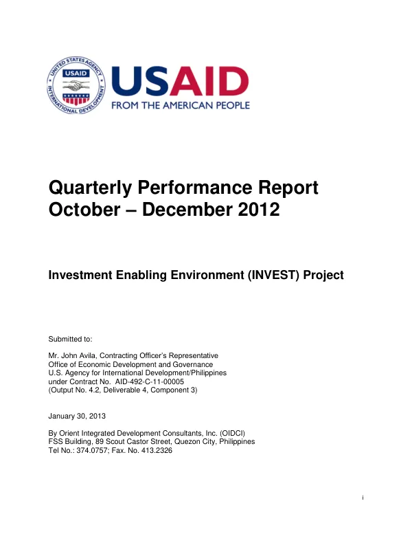 Quarterly Performance Report October – December 2012