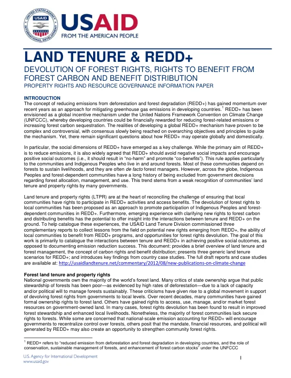 Land Tenure & REDD+: Devolution of Forest Rights, Rights to Benefit from Forest Carbon and Benefit Distribution