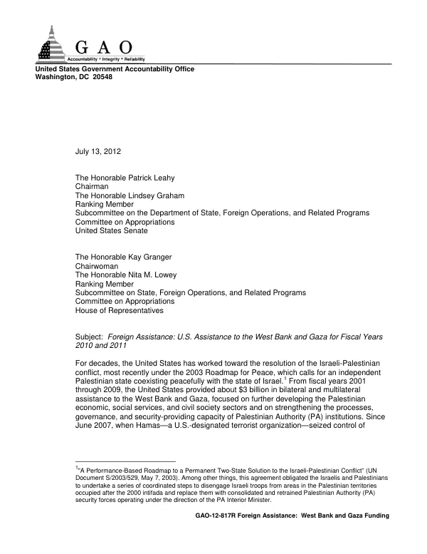 Foreign Assistance: U.S. Assistance to the West Bank and Gaza for Fiscal Years 2010 and 2011