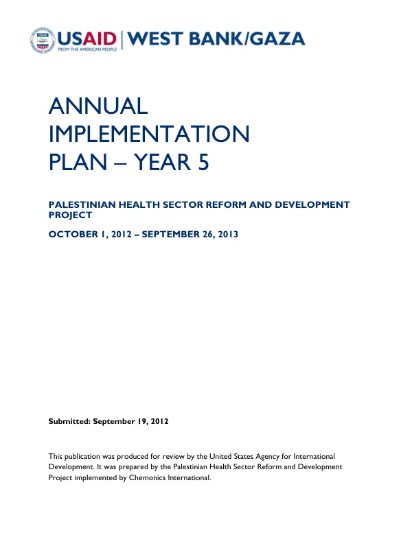 Annual Implementation Plan – Year 5: Palestinian Health Sector Reform and Development Project