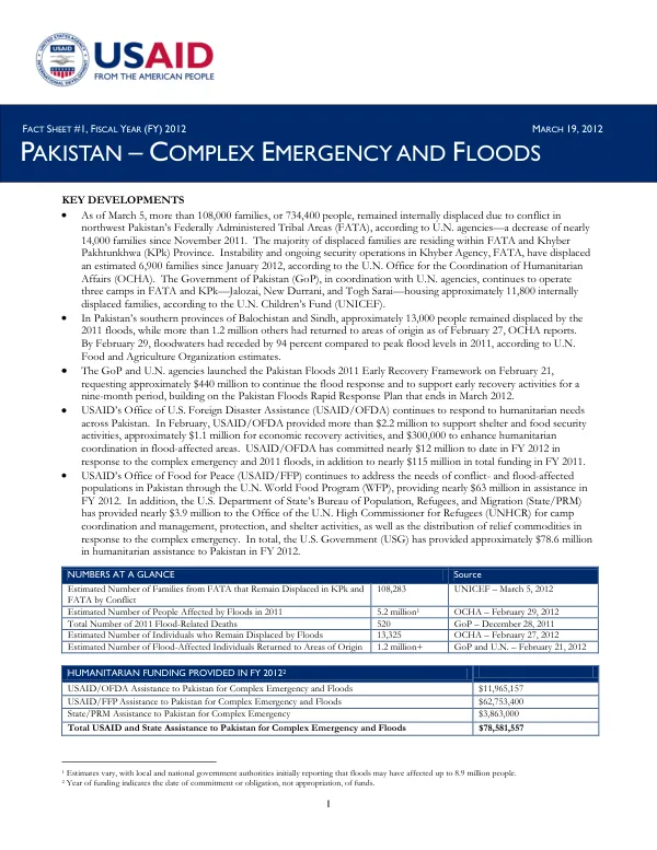 Pakistan – Complex Emergency and Floods Fact Sheet #1, Fiscal Year (FY) 2012