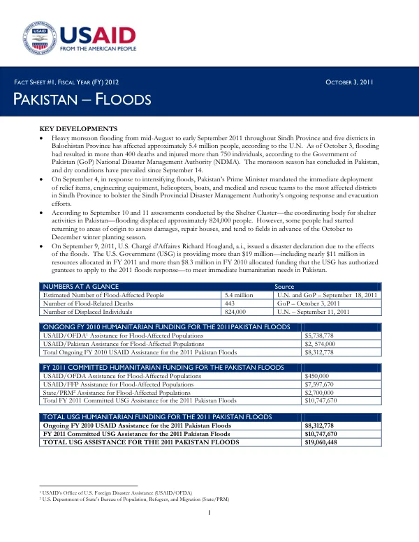 USAID-DCHA Pakistan Floods Fact Sheet #1 - FY 2012