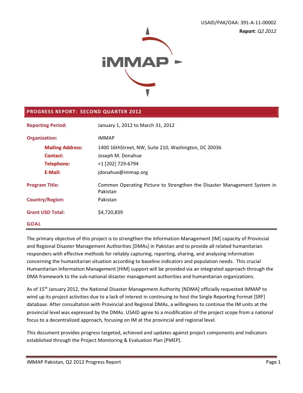 Progress Report: Q2 2012 - Common Operating Picture to Strengthen the Disaster Management System in Pakistan