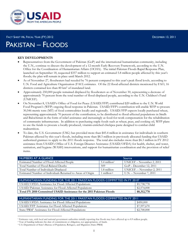 USAID-DCHA Pakistan Floods Fact Sheet #6 - FY 2012