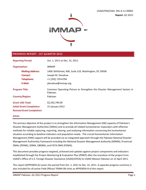 Q1 2012 Progress Report: Common Operating Picture to Strengthen the Disaster Management System in Pakistan