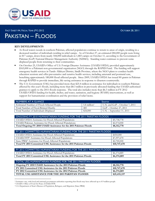 USAID-DCHA Pakistan Floods Fact Sheet #4 - FY 2012