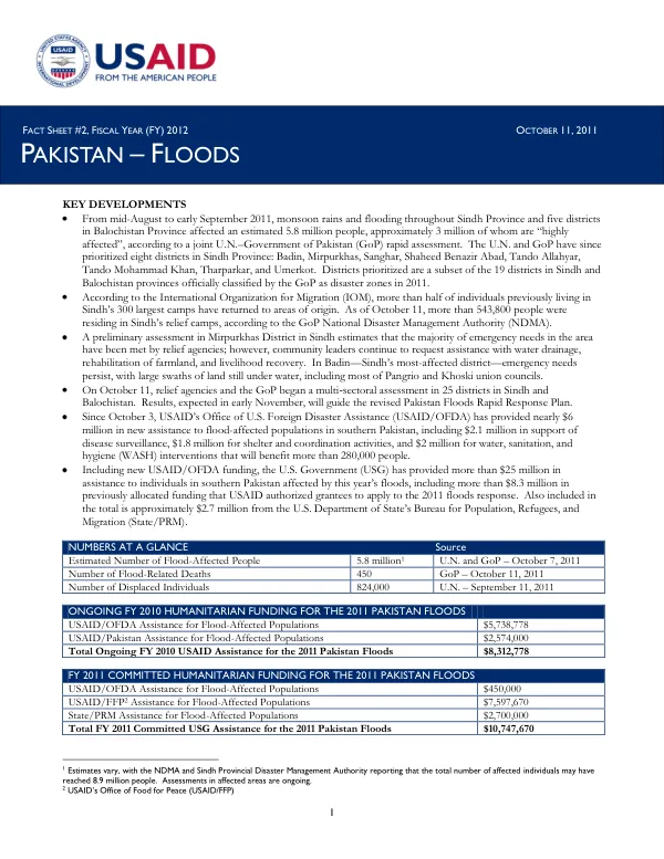 USAID-DCHA Pakistan Floods Fact Sheet #2 - FY 2012