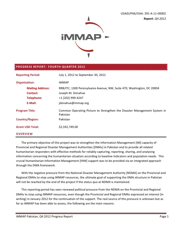 iMMAP Pakistan, Q4 2012 Progress Report