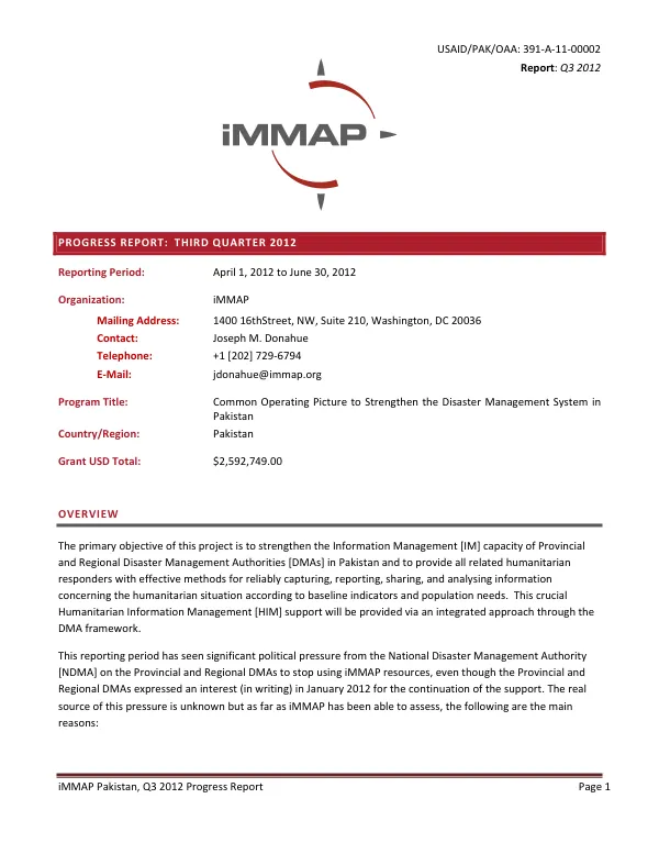 Q3 2012 Progress Report: Common Operating Picture to Strengthen the Disaster Management System in Pakistan