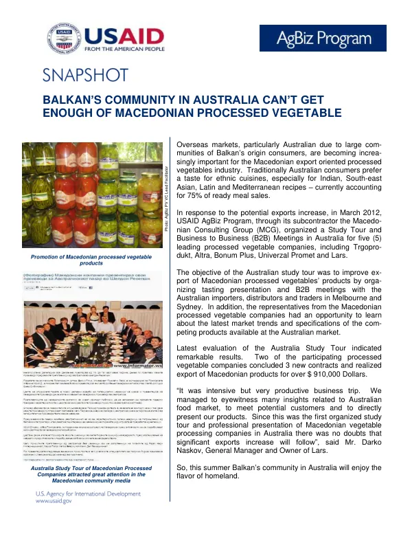 Australia Study Tour of Macedonian Processed Companies