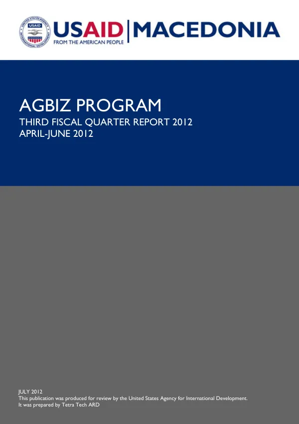 AGBIZ PROGRAM THIRD FISCAL QUARTER 2012 REPORT