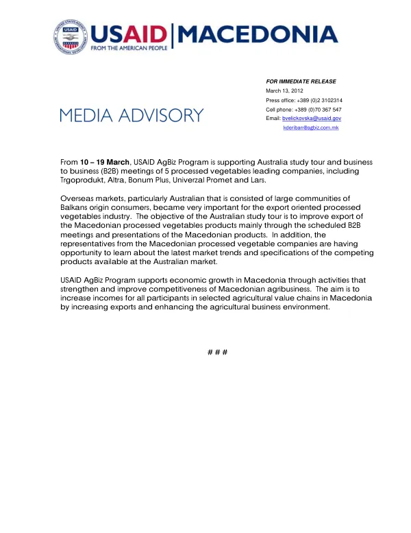 Media Advisory: Study tour in Australia