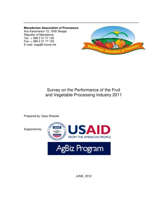 Survey on the Performance of the Fruit and Vegetable Processing Industry 2011