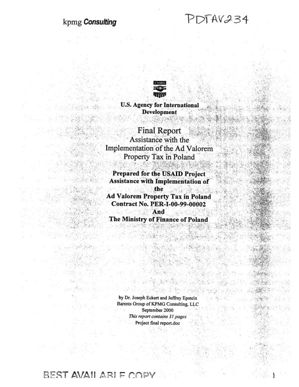 Final report : assistance with the implementation of the ad valorem property tax in Poland -- PER-I-00-99-00002[-00] and the Ministry of Finance of Poland