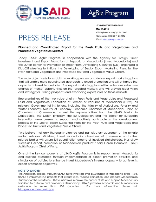 Planned and Coordinated Export for the Fresh Fruits and Vegetables and Processed Vegetables Sectors