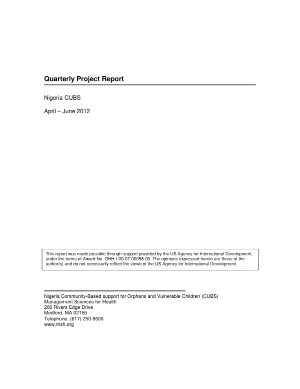 Quarterly Project Report Nigeria CUBS April – June 2012