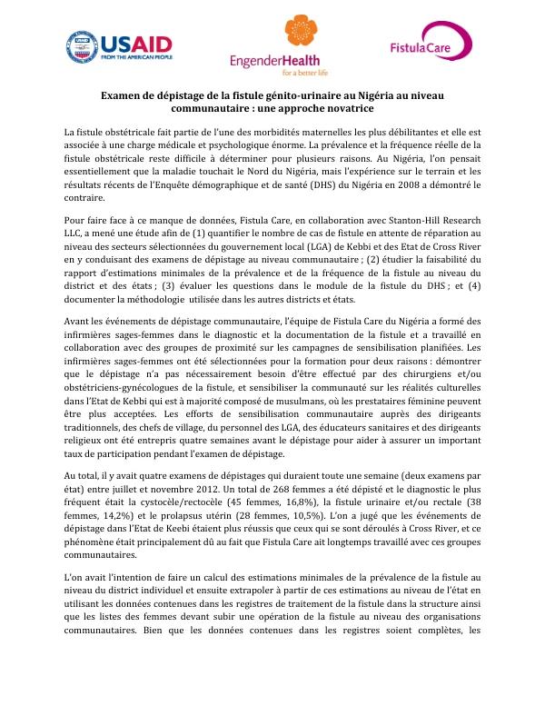 Examen de dépistage de la fistule génito-urinaire au Nigéria au niveau communautaire : une approche novatrice