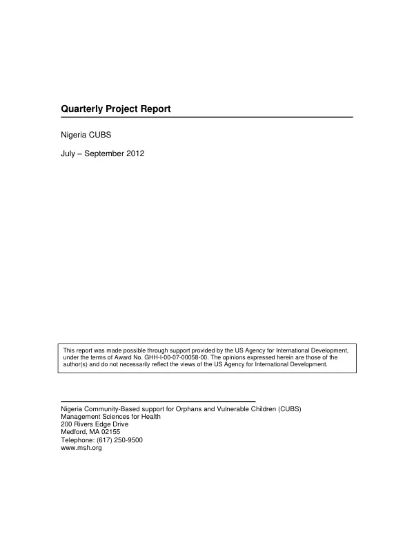 Quarterly Project Report Nigeria CUBS July – September 2012