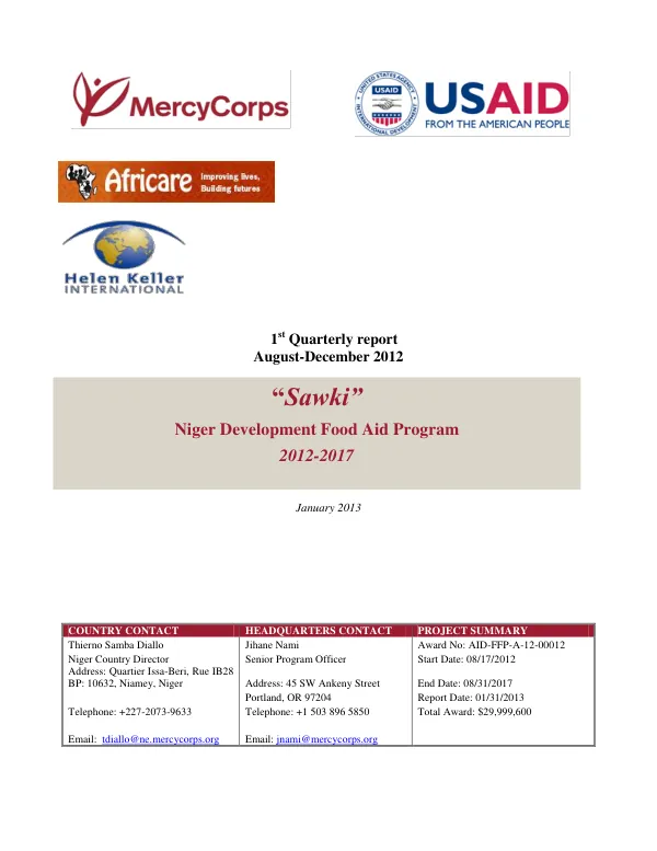 1st Quarterly report August-December 2012: Niger Development Food Aid Program