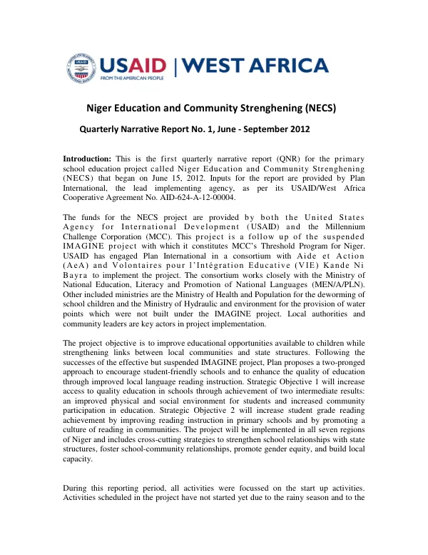 Niger Education and Community Strenghening (NECS) Quarterly Narrative Report No. 1, June - September 2012