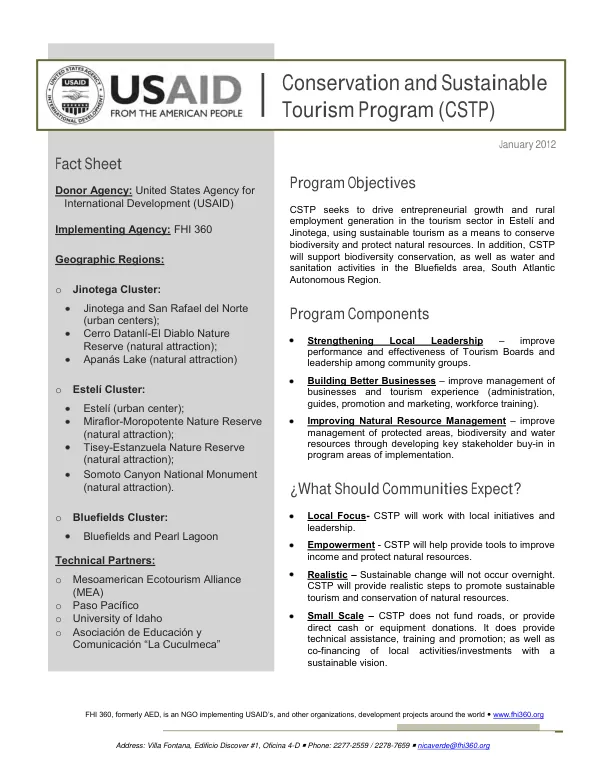 Conservation and Sustainable Tourism Program (CSTP) Fact Sheet