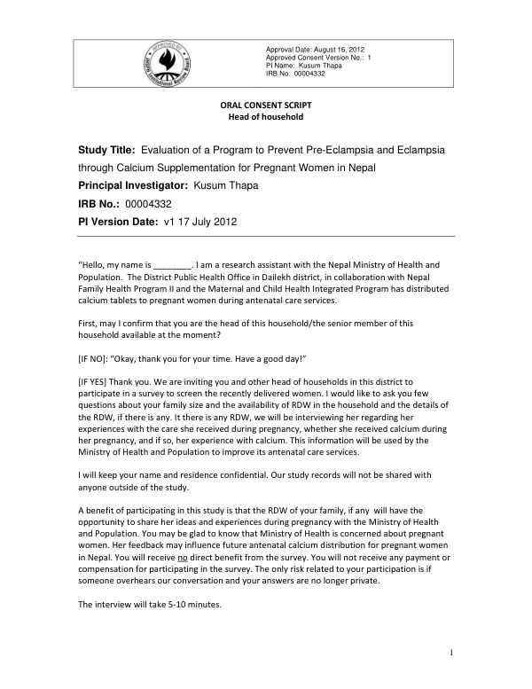 Oral Consent Script for Evaluation of a Program to Prevent Pre-Eclampsia and Eclampsia through Calcium Supplementation for Pregnant Women in Nepal
