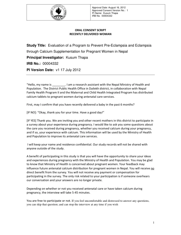 Oral Consent Script for Evaluation of a Program to Prevent Pre-Eclampsia and Eclampsia through Calcium Supplementation for Pregnant Women in Nepal