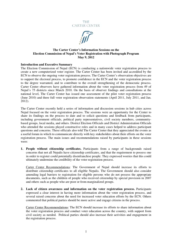 The Carter Center’s Information Sessions on the Election Commission of Nepal’s Voter Registration with Photograph Program