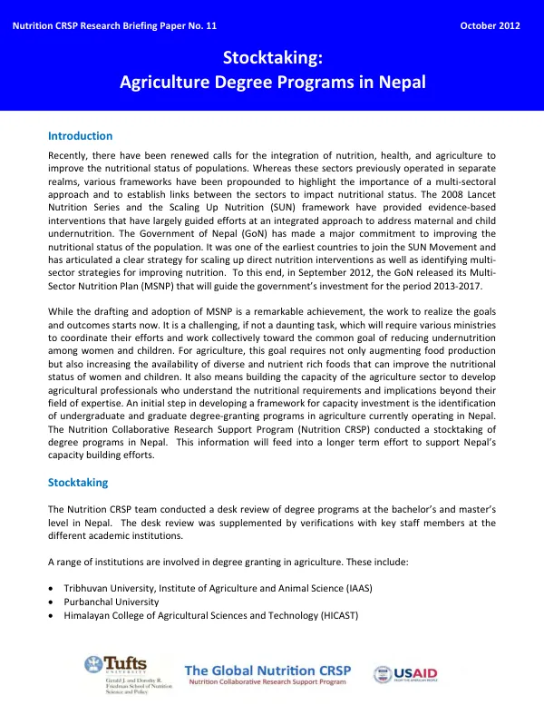Stocktaking: Agriculture Degree Programs in Nepal