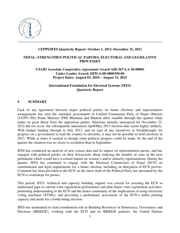 CEPPS/IFES Quarterly Report: October 1, 2012–December 31, 2012