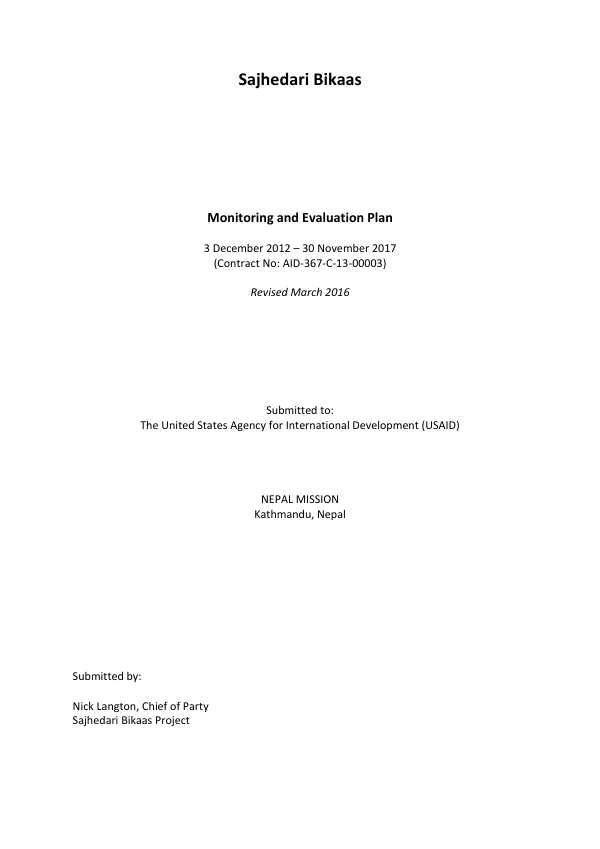 Monitoring and Evaluation Plan for Sajhedari Bikaas