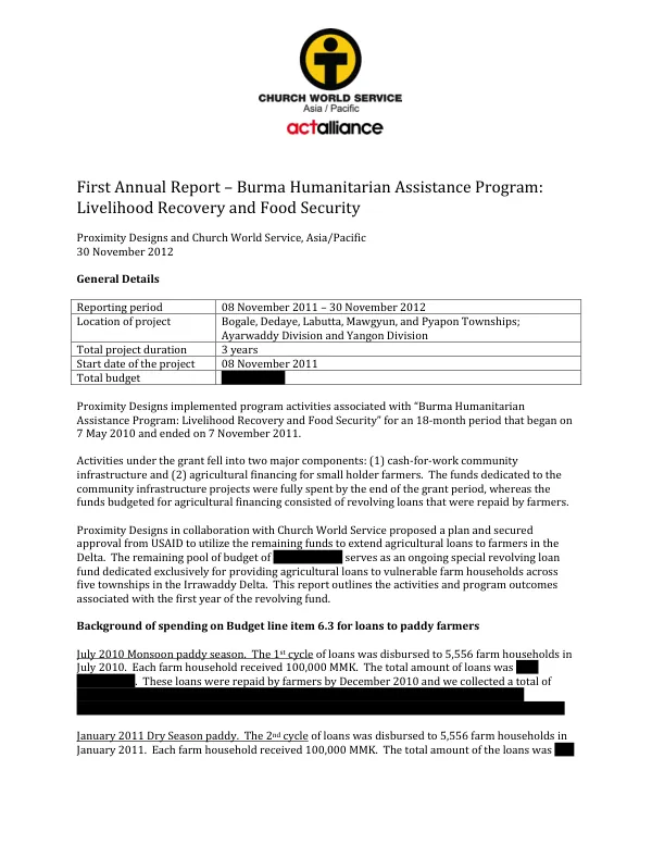 First Annual Report – Burma Humanitarian Assistance Program: Livelihood Recovery and Food Security
