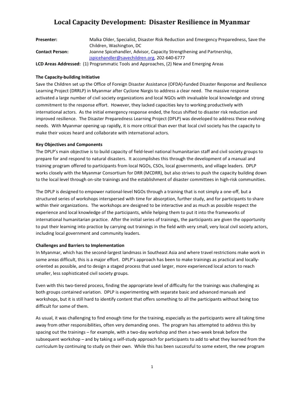 Local Capacity Development: Disaster Resilience in Myanmar