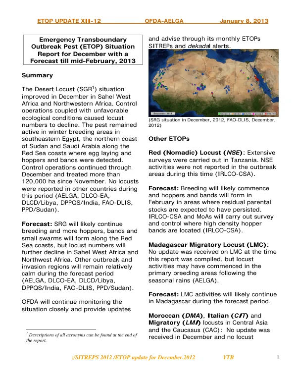 Emergency Transboundary Outbreak Pest (ETOP) Situation Report for December 2012