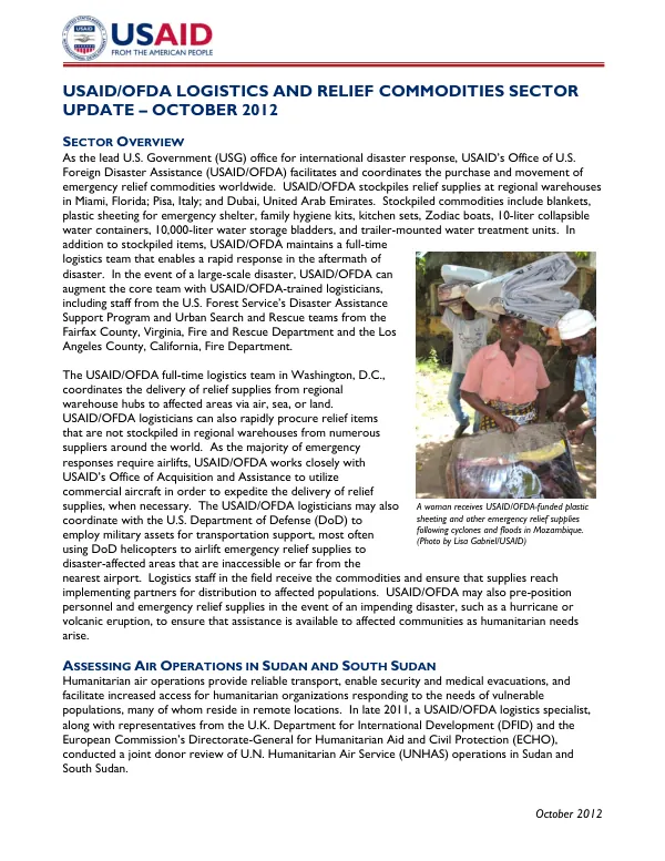 USAID/OFDA Logistics and Relief Commodities Sector Update – October 2012