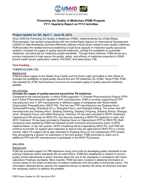 PQM Project Update for Q3: April-June 2012
