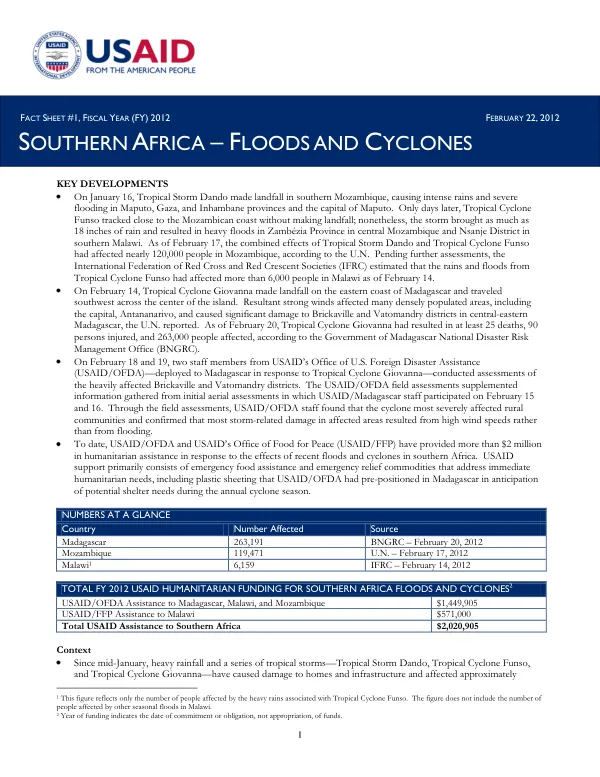 Southern Africa Floods and Cyclones Fact Sheet #1