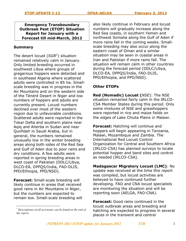 ETOP Situation Report for January with a Forecast till mid-March, 2012