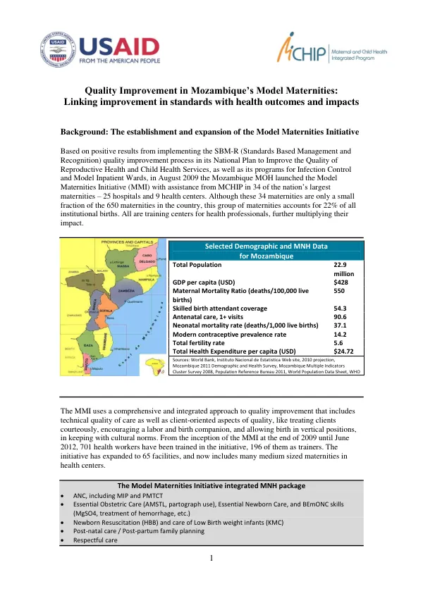 Quality Improvement in Mozambique’s Model Maternities: Linking improvement in standards with health outcomes and respectful care