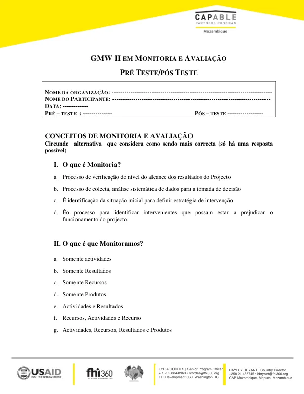 Strengthening Leading Mozambican NGOs and Networks II: Pre and Post Tests, Developing a Monitoring and Evaluation Plan