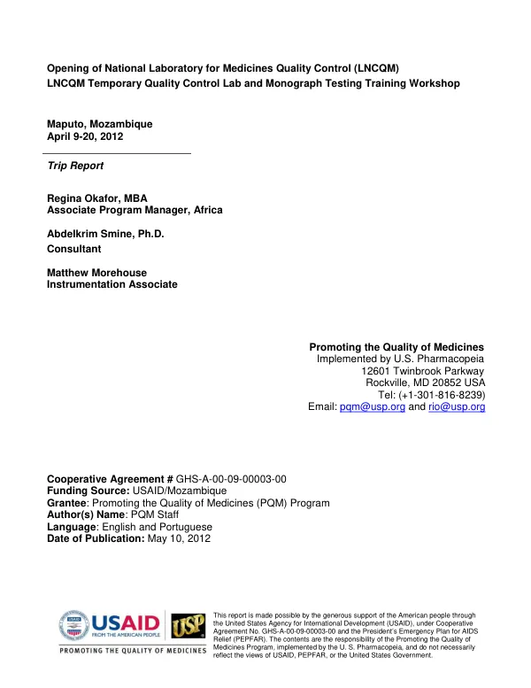 Trip Report: LNCQM Temporary Quality Control Lab and Monograph Testing Training Workshop