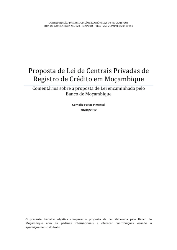 Proposta de Lei de Centrais Privadas de Crédito em Moçambique