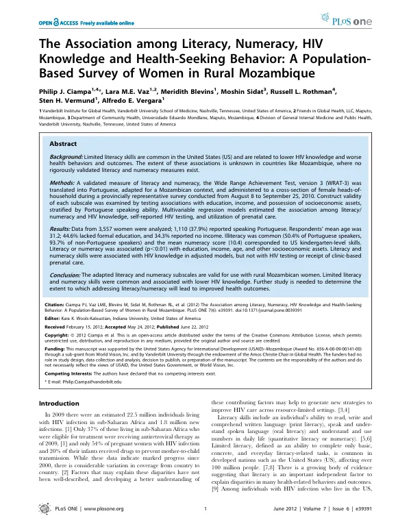 The Association among Literacy, Numeracy, HIV Knowledge and Health-Seeking Behavior: A Population-Based Survey of Women in Rural Mozambique