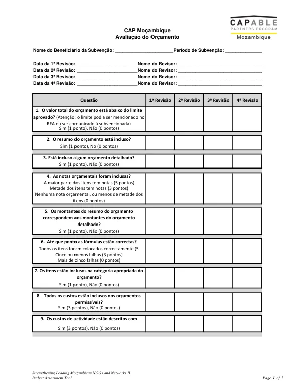 Budget Assessment Tool for Strengthening Leading Mozambican NGOs and Networks II