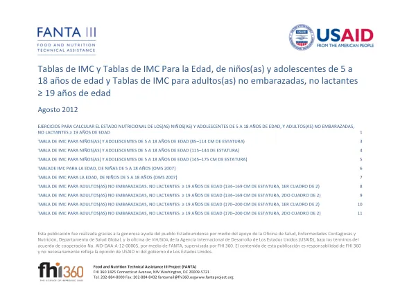 Tablas de IMC y Tablas de IMC Para la Edad, de niños(as) y adolescentes de 5 a 18 años de edad y Tablas de IMC para adultos(as) no embarazadas, no lactantes ≥ 19 años de edad