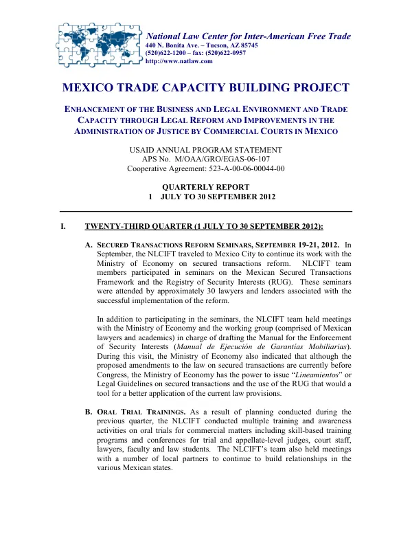 Mexico Trade Capacity Building Project: Enhancement of the Business and Legal Environment and Trade Capacity through Legal Reform and Improvements in the Administration of Justice by Commercial Courts in Mexico