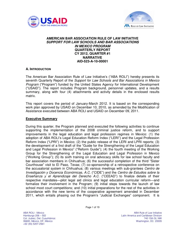 American Bar Association Rule of Law Initiative Support for Law Schools and Bar Associations in Mexico Program Quarterly Report CY 2012, Quarter #1